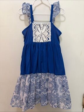WDW Girls Blue & White Tiered Sundress with Crochet Accent